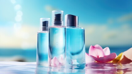 Closed bottles and containers of body care cosmetics on bright water wave background.