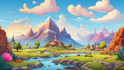 cartoon landscape with wooden home 