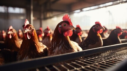 Closeup of laying hens in a modern industrial farm cage.