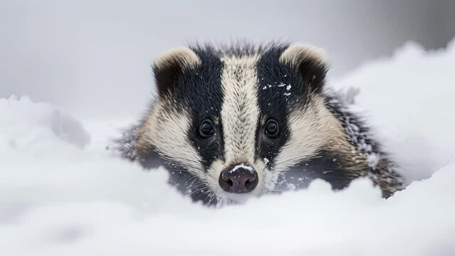 A striking contrast between the rugged black and white markings of the badger and the untouched purity of the snow displayed in this closeup image.