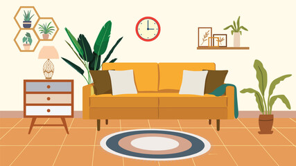 Furniture: sofa, bookcase, picture. Living room interior.Flat style vector illustration