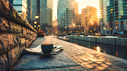 Morning Coffee in the City: Close-up of a Cup on a Cafe Table, Symbolizing Urban Lifestyle and Relaxation - obrazy, fototapety, plakaty