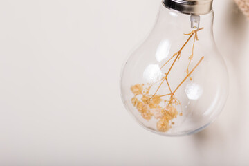 Within the translucent confines of a lightbulb, a miniature garden of dried golden flowers blooms,...