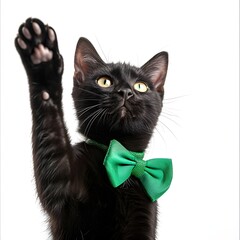 black cat with green bow tie for st patricks day isolated on white background