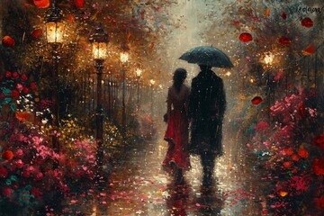 Rainy Night Stroll: A Painted Portrait of a Couple Walking in the Rain Generative AI