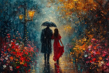 Rainy Night in the City: A Couple Walks in the Rain Generative AI