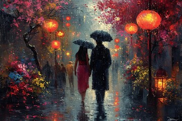 Rainy Night in the City: A Couple Walks Hand in Hand Generative AI