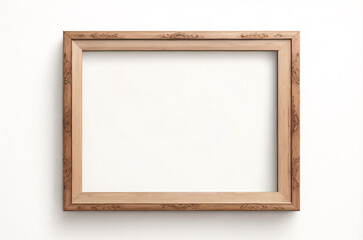 Fototapeta premium Marco vertical rectangular fino de madera clara colgado en una pared con textura blanca, plano, vista superior, ilustración 3D.