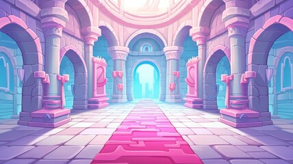 cartoon illustration mystical and enigmatic dungeon corridor, illuminated by an ethereal glow.