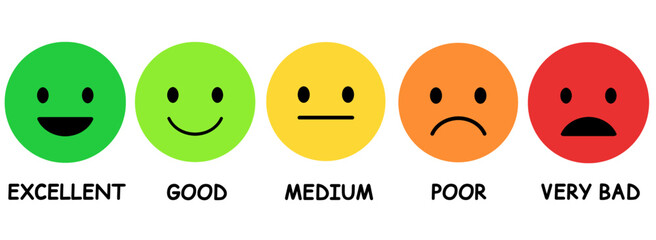 feedback emoticon scale customer review rating icon isolated on white and transparent background. with text excellent good medium poor green yellow orange red color icon flat style vector illustration - obrazy, fototapety, plakaty