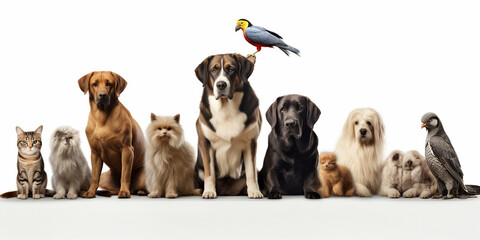  Group birds dogs and cats  together. Pigeon white background.
