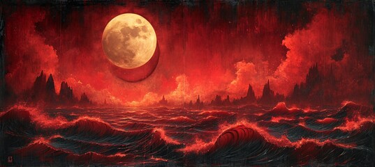 Red Moon Rising: A Surreal Ocean Scene Generative AI