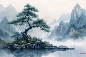 Foggy Mountain Scene with a Pine Tree Generative AI