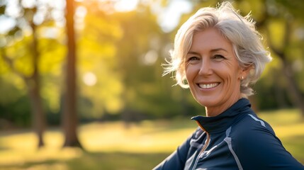 Portrait of smiling senior woman in sports wear looking at camera in park