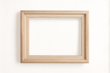 Fototapeta premium Marco vertical rectangular fino de madera clara colgado en una pared con textura blanca, plano, vista superior, ilustración 3D.