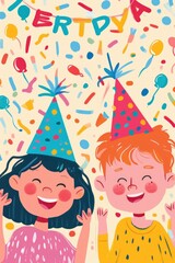 Obraz na płótnie Canvas Two kids express pure joy in their festive birthday party