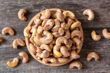 roasted salted cashew nuts on table.