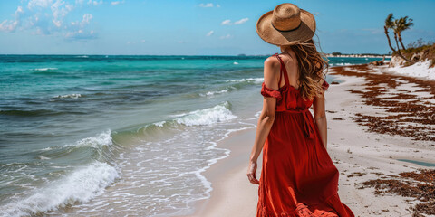 A woman in a flowing red dress and straw hat walks along a tropical beach, her back to the camera, looking out at the turquoise sea.