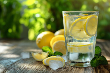 Cool lemonade with ice and lemons on a wooden table. Concept template background for summer, menu, advertising, cafe and restaurant with place for text
