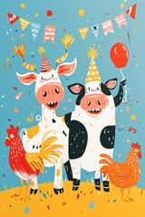 Fototapeta premium Whimsical birthday card featuring a cow and chicken.