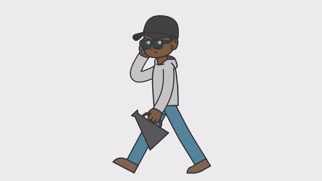 2d animation of walking black director talking on the phone. Looped 4K video with alpha-channel.