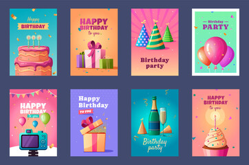 Set of Birthday cards with cake, gift box, balloons. Birthday party, invitation concept. Postcard, card - obrazy, fototapety, plakaty