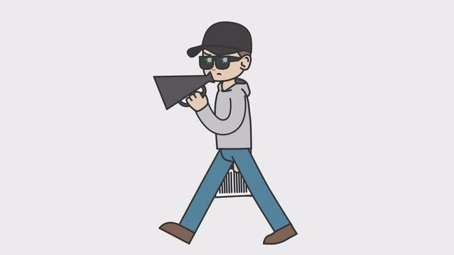 2d animation of walking white director speaking into a megaphone. Looped 4K video with alpha-channel.