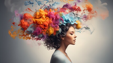 Mental health concept. Positive thinking, creative mind mindfulness and self care idea. Woman in paint splatter in hair.