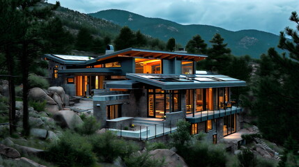 An energy-efficient modern mountain residence featuring a geothermal heating system that harnesses the warmth of the earth to create a sustainable and environmentally friendly haven