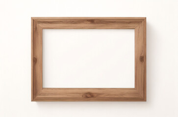 Marco vertical rectangular fino de madera clara colgado en una pared con textura blanca, plano, vista superior, ilustración 3D.