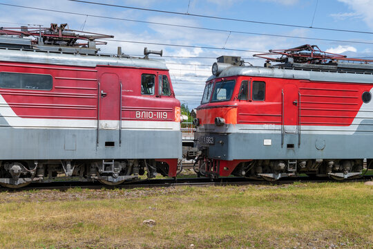 BOLOGOE, RUSSIA - JULY 16, 2022: Cabins of two Soviet electric locomotives VL10 close-up on a sunny July day. Bologoe station