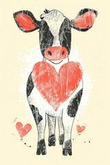 Cow holding a red heart for a sweet Valentine's Day card.