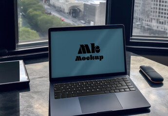 Mockup Laptop City and Business Generative AI