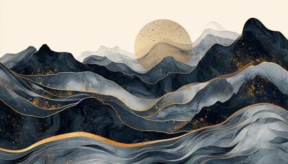 Abstract watercolor and golden with black ink mountains landscapes. Wavy lines. Fluid brush strokes - obrazy, fototapety, plakaty