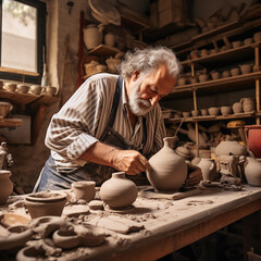 Ceramic artist working in his workshop. Generative AI