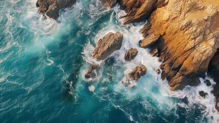 Fototapeta premium photography_a_cliff_with_waves_in_the_style_of_birds-eye