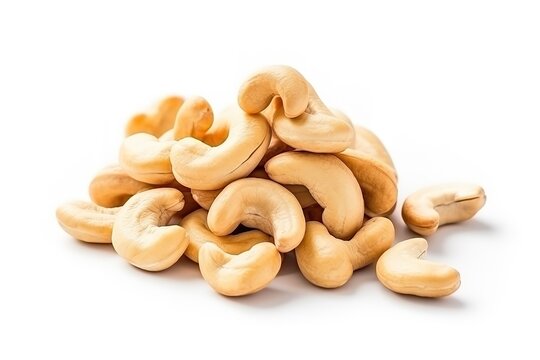 pile of fresh cashew nuts on white background