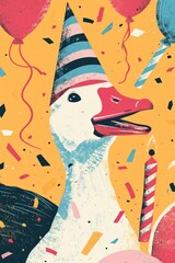 A delightful poster showcasing a cheerful goose all set for a birthday bash.