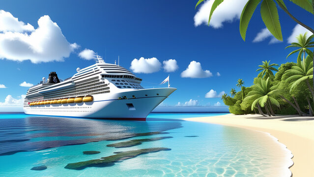 Luxury Cruise Ship Anchored Near a Tropical Island Paradise