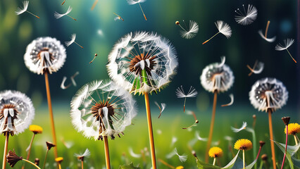 Dandelions in Bloom: A Dance of Seeds in the Wind, Captured in Time