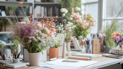 Bouquet of flowers on the desktop. A trendy workspace where a florist creates custom arrangements. Bright office, colored bouquets on the desk of a florist designer. Flower delivery. - obrazy, fototapety, plakaty