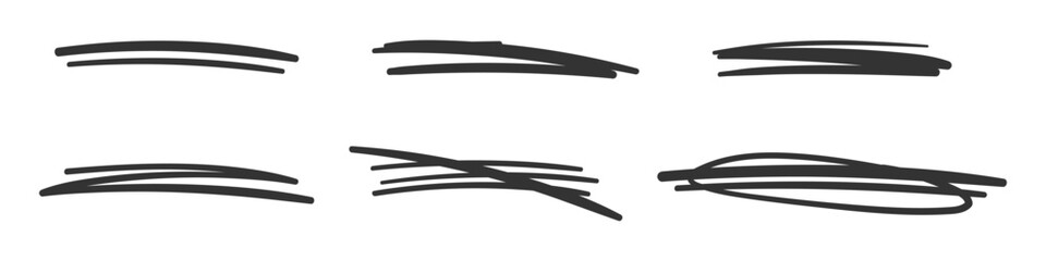 Doodle Style Collection Featuring Strikethrough Lines. Hand Drawn Emphasis Elements, Underlines, Marker Lines, and Crossed Scribble Stripes.