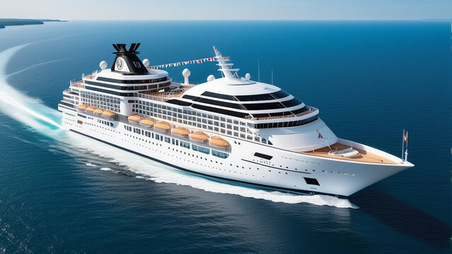 Luxury Cruise Ship Sailing on Calm Blue Ocean, A Journey of Elegance and Comfort