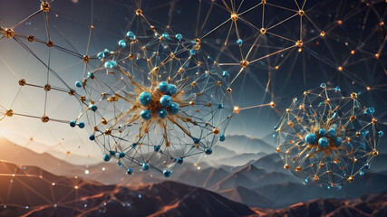 Network structure chemical bonds in molecular level of lines and points, dots and connections.  AI generated image, ai