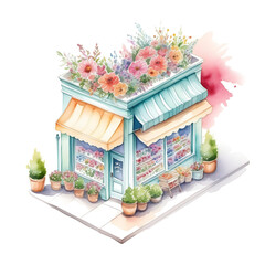 Watercolor painting of floral shop.  Flower store isometric. View from top on the frontal part of building.
Beautiful ai generated illustration.