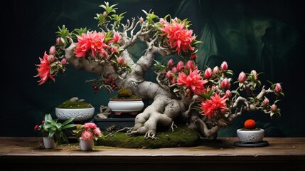 A dynamic shot capturing the Dragon Fruit Bonsai in a bonsai exhibition, surrounded by other bonsai specimens, showcasing the artistry and diversity of the hobby.