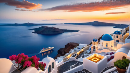 Santorini Sunset: A Breathtaking View of the Aegean Sea and Iconic Blue Domes - obrazy, fototapety, plakaty