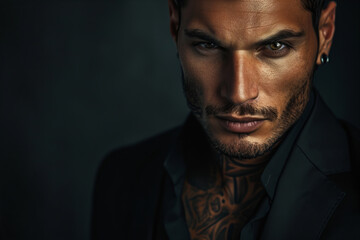  tanned skin, hot and attractive Italian mafia billionaire with a tattoo on his neck , wearing a luxurious black suit. Looking at camera with piercing and sensual gaze . - obrazy, fototapety, plakaty