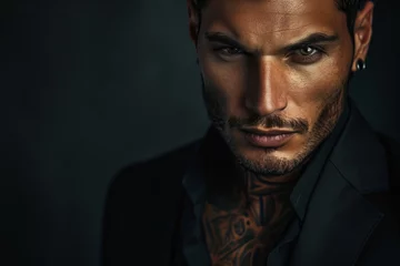 Foto op Aluminium  tanned skin, hot and attractive Italian mafia billionaire with a tattoo on his neck , wearing a luxurious black suit. Looking at camera with piercing and sensual gaze . © ALL YOU NEED