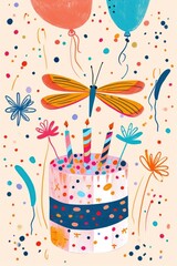 A cute and lively dragonfly with a birthday cake of this colorful and joyful poster.